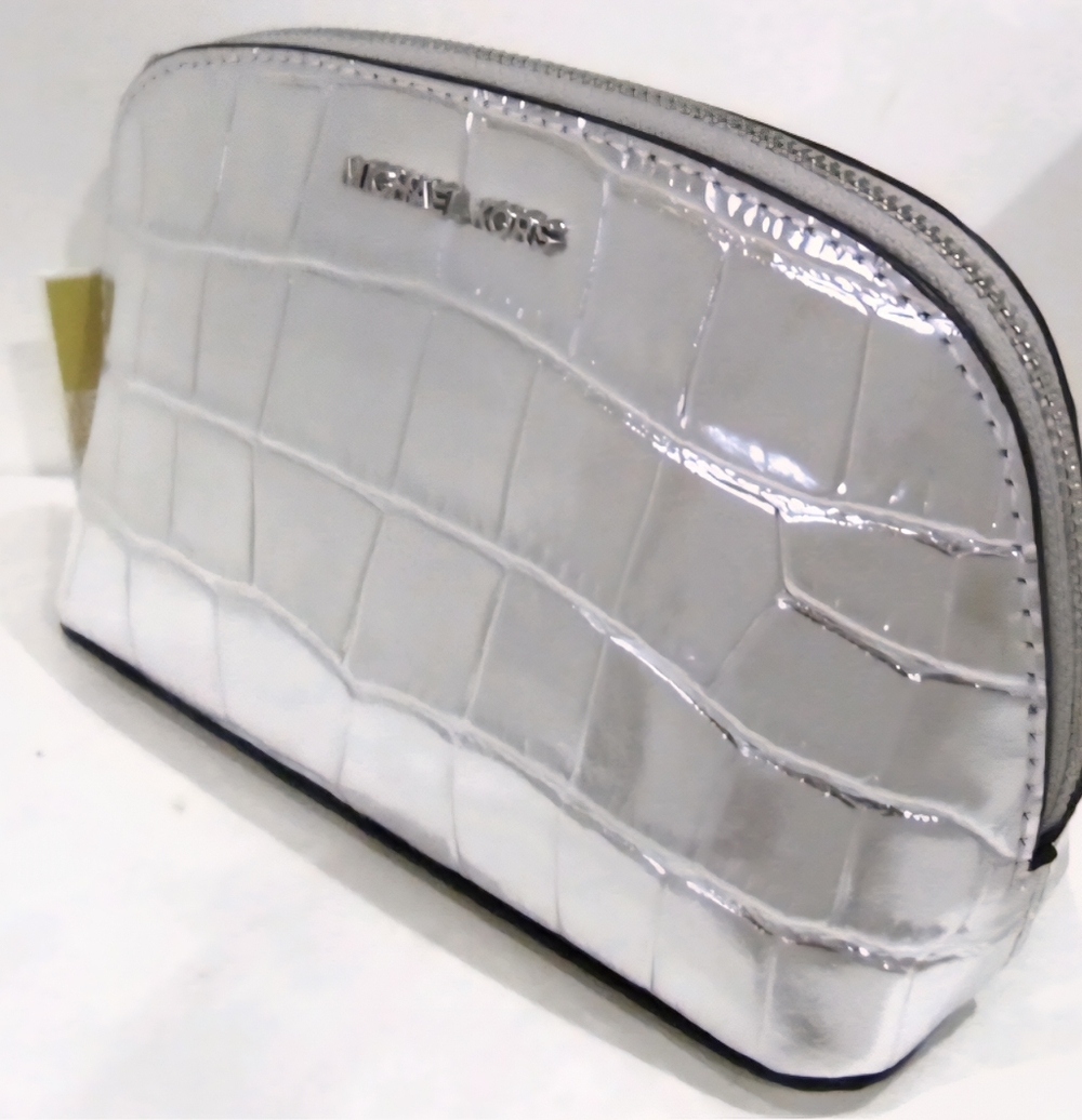 NWT Michael Kors Travel Cosmetic Bag Empire small pouch silver metallic. (E21)